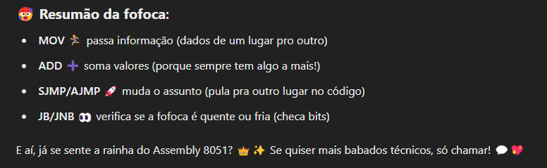 dakostudy's tweet photo. Gente, estou estudando Assembly e tenho atividade hoje, mas fui pedir por meu querido chat gpt me ajudar...
Mas de uma forma diferente.
"Me ensine assembly 8051 basico como se fosse uma fofoca para meninas"
e o divo me respondeu (ri muito): https://t.co/fKyf1fWS08