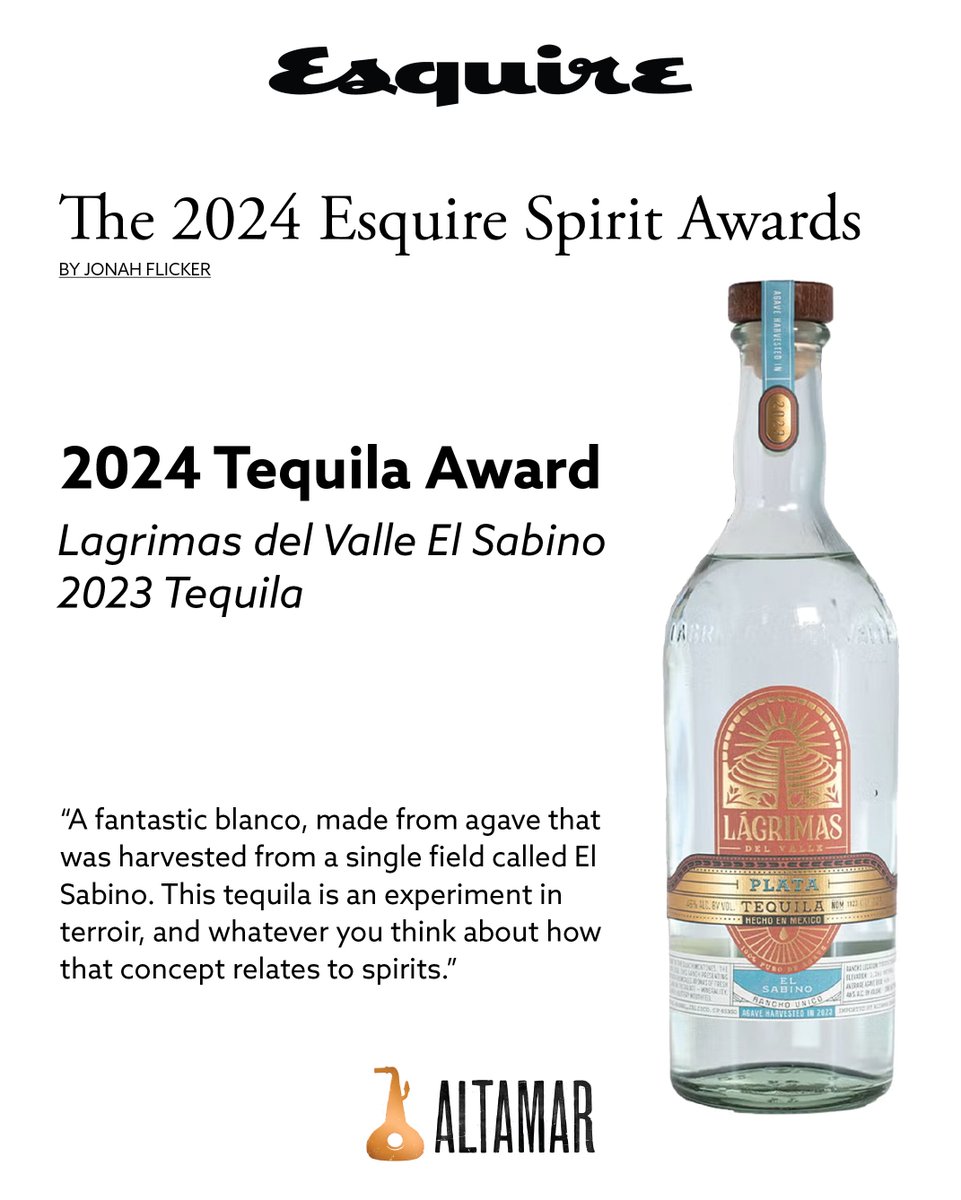 Thrilled and humbled to have been recognized in such an amazing way. Gratitude to Esquire for this award for the 2023 "El Sabino" Plata. Last cases on shelves now!

Be sure to experience the essence of Lagrimas at this unique point in time.