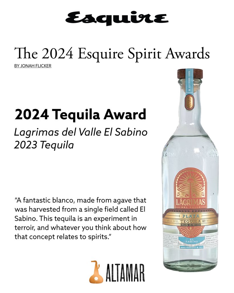 Thrilled and humbled to have been recognized in such an amazing way. Gratitude to Esquire for this award for the 2023 "El Sabino" Plata. Last cases on shelves now!

Lagrimas captures the expression of terroir across the 5 states that can legally produce Tequila.