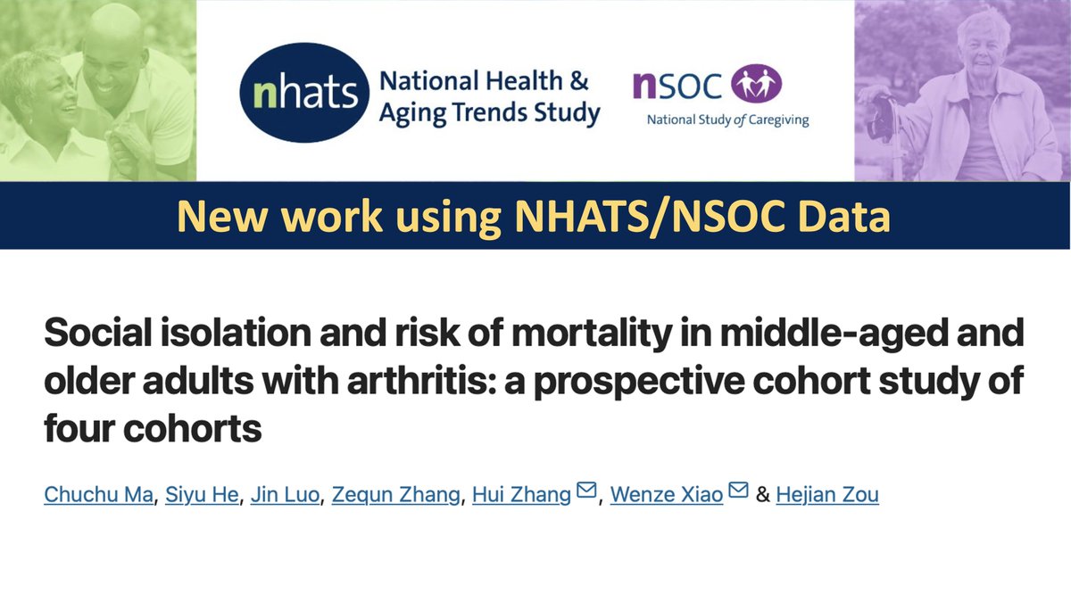 New work using #NHATS/#NSOC data by Dr. Ma et al. in Scientific Reports:

#Social #isolation and risk of #mortality in #middle-#aged and #olderadults with #arthritis: a prospective cohort study of four cohorts

"Overall, this study systematically reveals, for the first time, the