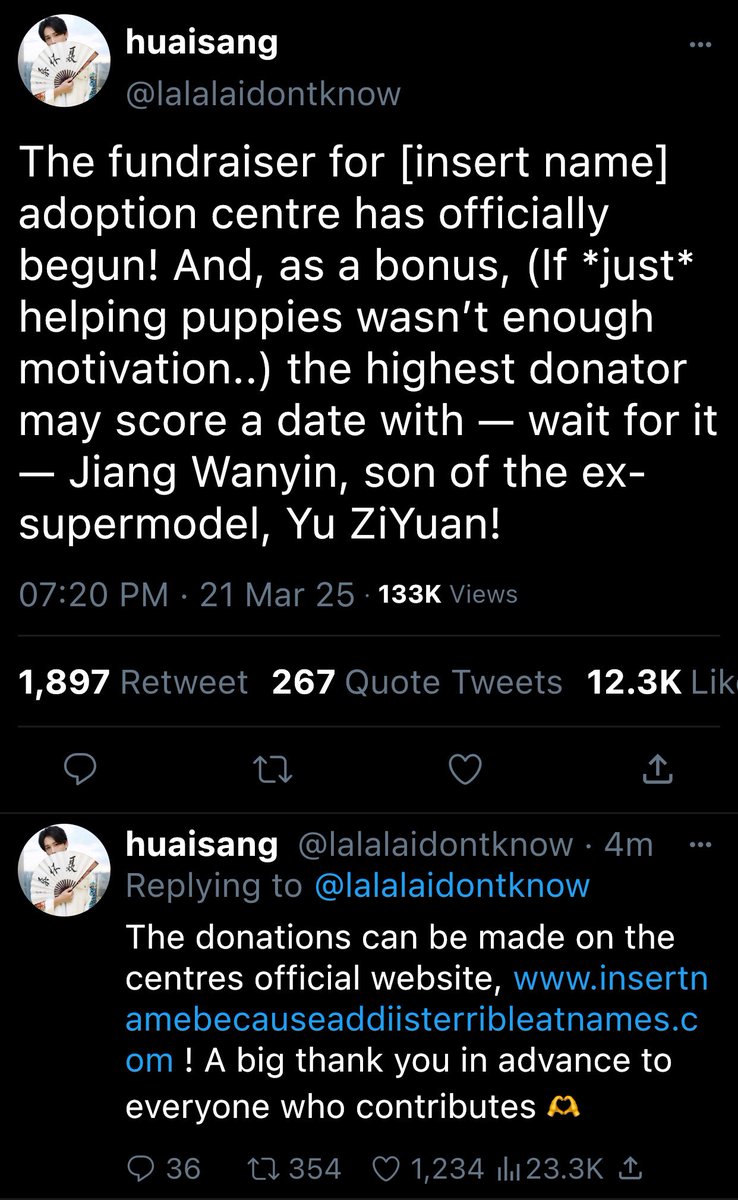 beefdogcoffee's tweet image. ❄️🪷 | xicheng , ft. wangxian

— a short #xicheng socmed au where jiang cheng (unintentionally) signs up to be the bonus prize for a fundraiser (thank you, nie huaisang) to help puppies, and lan xichen seems a ‘little’ interested 👀