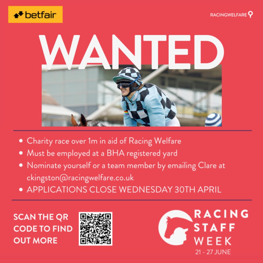 🚨 CALLING ALL STABLE STAFF RIDERS! 🚨

Fancy riding in a race at Newton Abbot Racecourse? 🏇 We’re looking for stable staff riders to take part in the Betfair Charity Race on Tuesday 24th June in aid of Racing Welfare!

🔹 1-mile charity race 🏇
🔹 Open to those employed at a