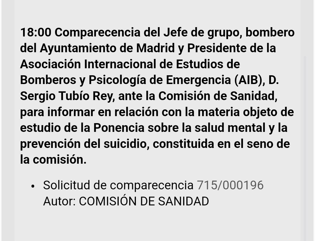 El próximo lunes 24/3 compareceré en el <a href="/Senadoesp/">Senado de España</a> para explicar como podemos prevenir el suicidio los Bomberos, Sanitarios y FFCCSS.

Intervenimos en situaciones de crisis a diario y mostrar esa realidad y las carencias que observamos, será mi objetivo.

senado.es/web/actividadp…