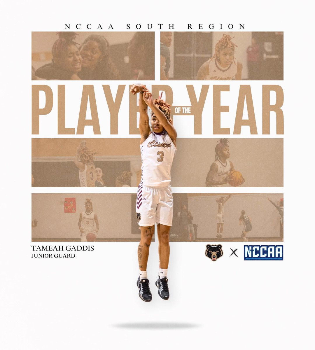 Clinton College Women's Basketball (@goldenbearwbb) on Twitter photo Congratulations to Clinton College guard Tameah Gaddis (<a href="/tameah_gaddis/">Tameah Gaddis</a>) on being named the South Region Player of the Year / First Team All-Region 🥳‼️
#POY | #BelieveBig Congratulations to Clinton College guard Tameah Gaddis (<a href="/tameah_gaddis/">Tameah Gaddis</a>) on being named the South Region Player of the Year / First Team All-Region 🥳‼️
#POY | #BelieveBig