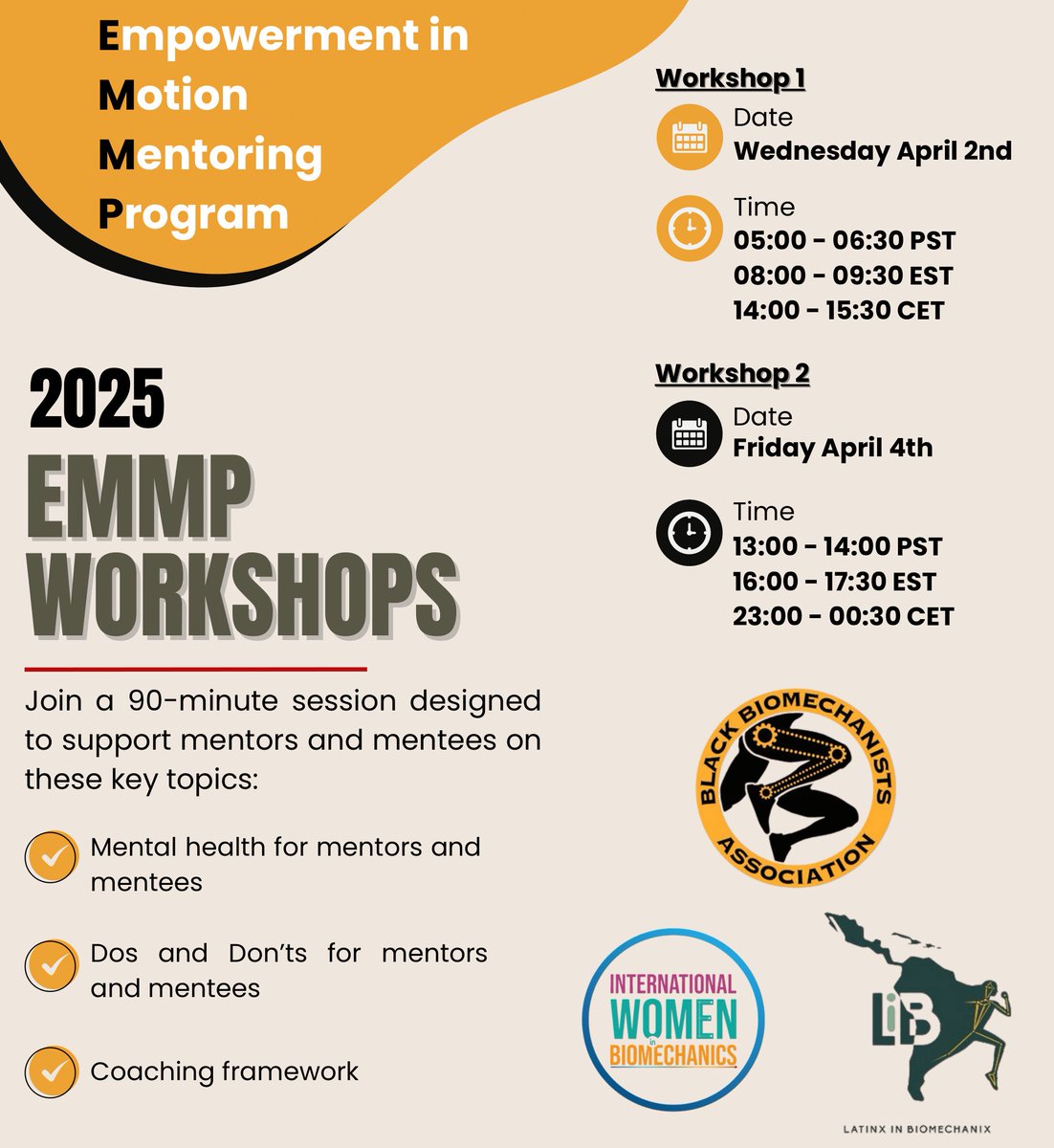 BlackBiomechanists (@blackbiomechs) on Twitter photo Spring workshops have arrived🌼
Join us for virtual mentoring workshop, brought to you by our collaborative Empowerment in Motion Mentoring Program (EMMP)
These events are open to everyone!
Details and registration in our bio 🔗
<a href="/IntWomenBiomech/">International Women in Biomechanics</a> <a href="/LatinxBiomech/">Latinx In Biomechanix</a> Spring workshops have arrived🌼
Join us for virtual mentoring workshop, brought to you by our collaborative Empowerment in Motion Mentoring Program (EMMP)
These events are open to everyone!
Details and registration in our bio 🔗
<a href="/IntWomenBiomech/">International Women in Biomechanics</a> <a href="/LatinxBiomech/">Latinx In Biomechanix</a>