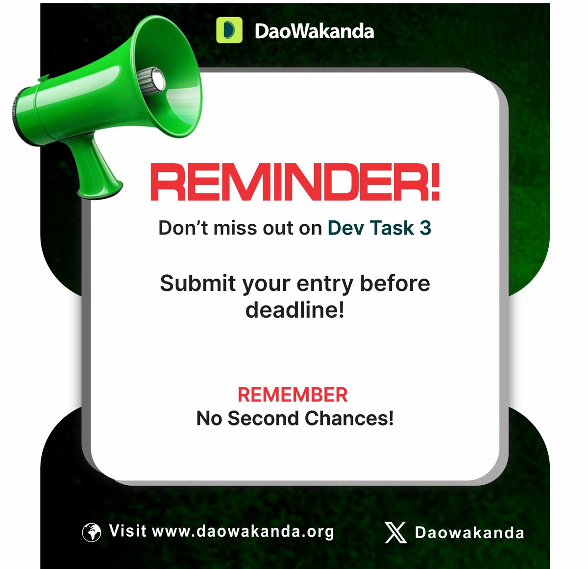 DaoWakanda's tweet image. ⚡Don’t miss out! Our 3rd Dev Task is in full swing. 

Jump in, solve to earn, and submit your entry before deadline!

Go to: daowakanda.org/developers/67d…

Remember 🚨 *No second chances*!

 🏗 #BuildWithUs #Algodevs #CodeChallenge #Learn2Earn