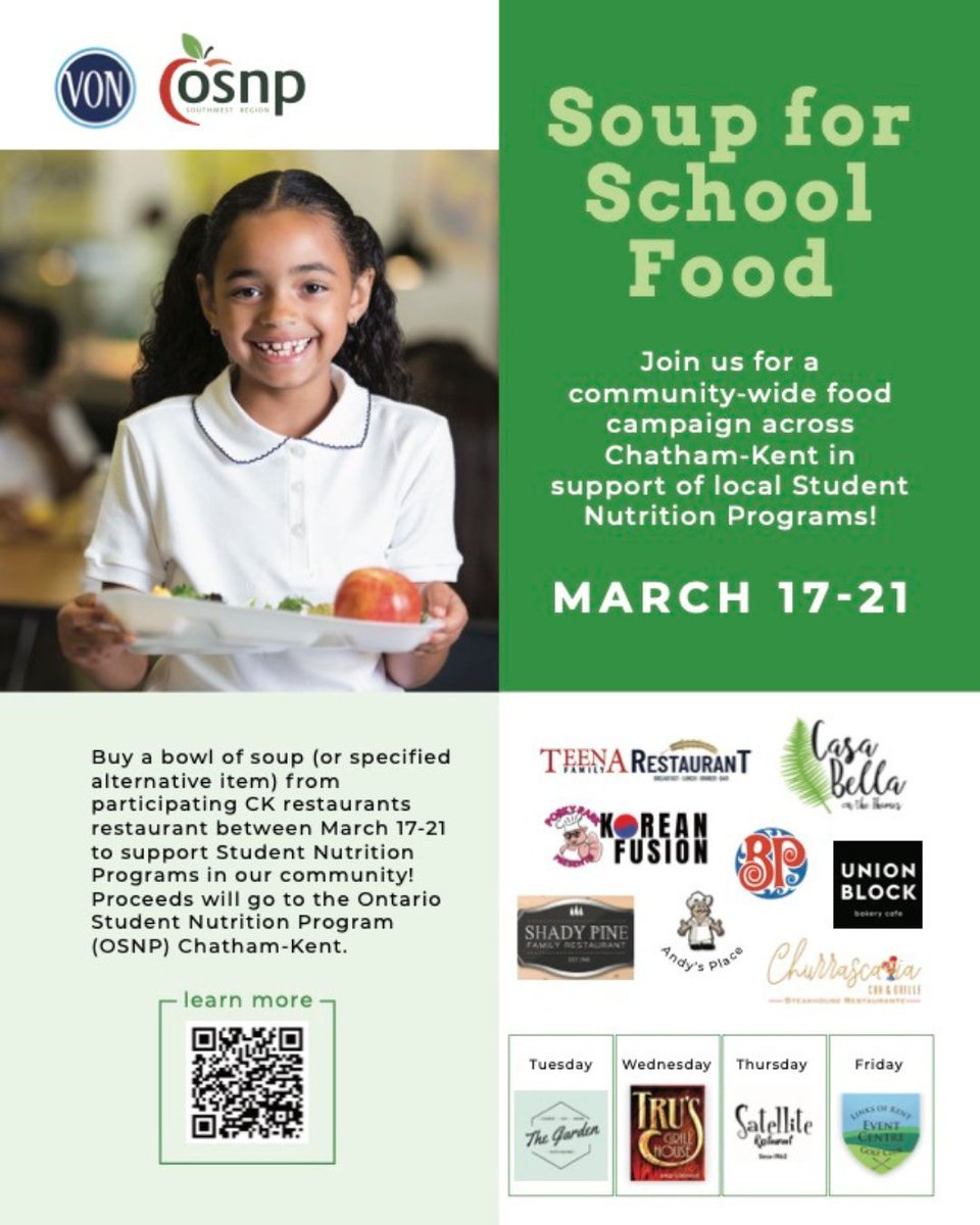 🥣 Dernière chance de soutenir la communauté en savourant un bon repas !

C’est aujourd’hui, 21 mars, la dernière journée pour acheter une soupe dans les restos participants de Chatham-Kent et aider les programmes de nutrition scolaire.

📍 Détails : osnp.ca/soup-for-schoo…