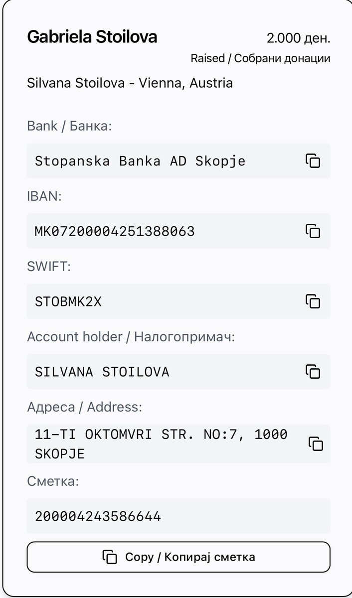 Kje ve zamolam koj kolku može da donira za Gabi i Kate, dve prekrasni sestricki za koi e potrebna pomoš. Ednata e hospitalizirana vo Viena, drugata e vo Budimpešta. Vi blagodaram 
RT