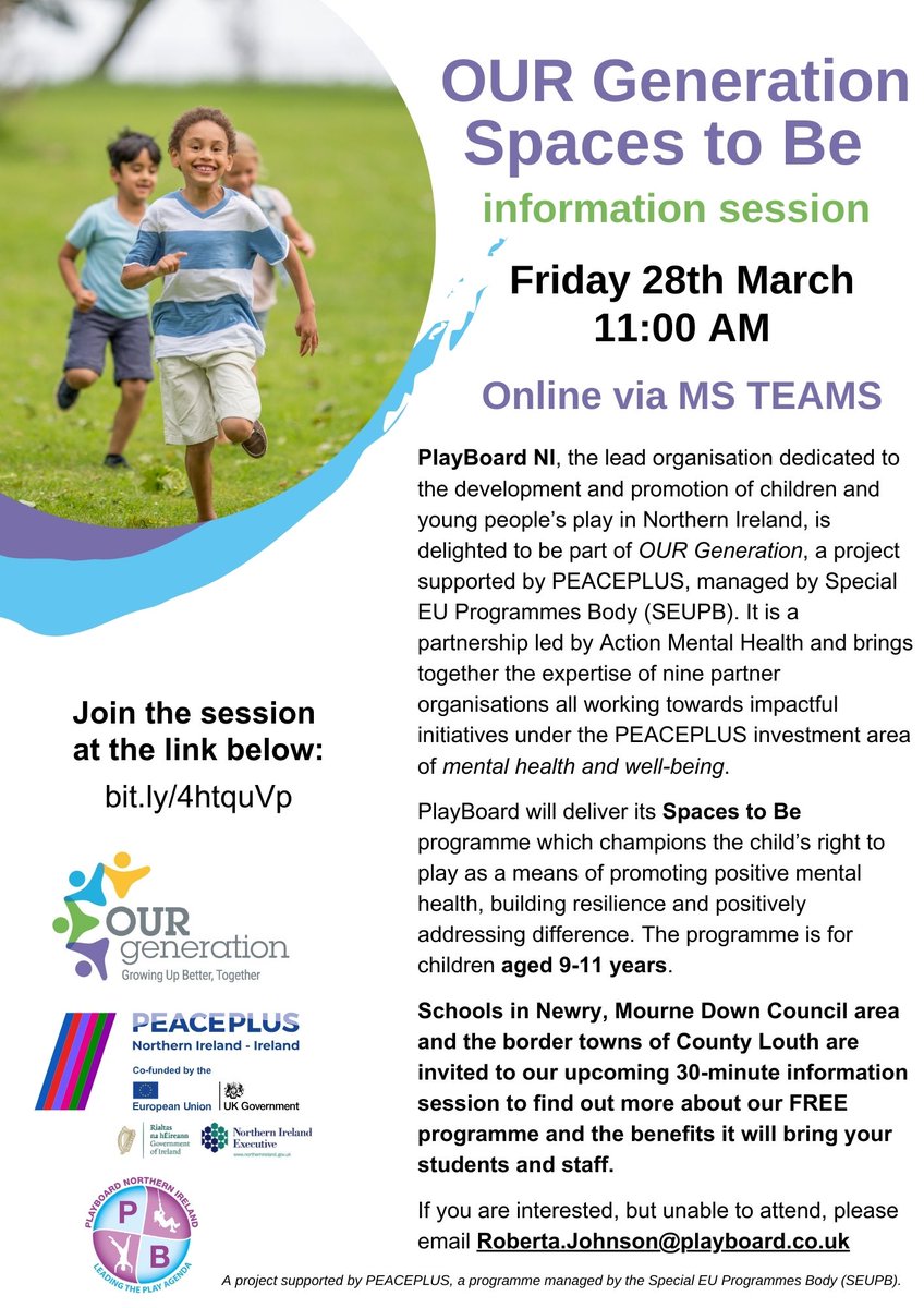 PlayBoard NI (@playboard_) on Twitter photo Do you work with children aged 9-11 in #Newry #Mourne #Down area or Co #Louth?
Join us for a brief online info session on 28 March at 11am to find out about our FREE 'Spaces to Be' programme. Join at: bit.ly/4htquVp
#PEACEPLUS #GrowingUpBetterTogether <a href="/OURGenCYP1/">OUR Generation Project</a> Do you work with children aged 9-11 in #Newry #Mourne #Down area or Co #Louth?
Join us for a brief online info session on 28 March at 11am to find out about our FREE 'Spaces to Be' programme. Join at: bit.ly/4htquVp
#PEACEPLUS #GrowingUpBetterTogether <a href="/OURGenCYP1/">OUR Generation Project</a>