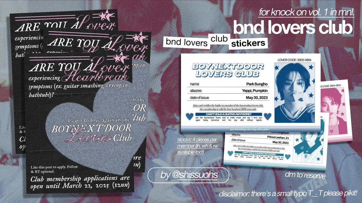 ꒰ 📮 APPLICATIONS OPEN ꒱

☎️ . . . calling all nice guys and boynextdoor lovers!

              stickers and pins for
      #KNOCK_ON_Vol_1_IN_MANILA 
            by <a href="/shissuohs/">💌</a> and co!

⏰ loc &amp; time tba
🖍️ extremely limited qty (1:1)
💌 comment or dm to reserve (๑˃̵ᴗ˂̵)