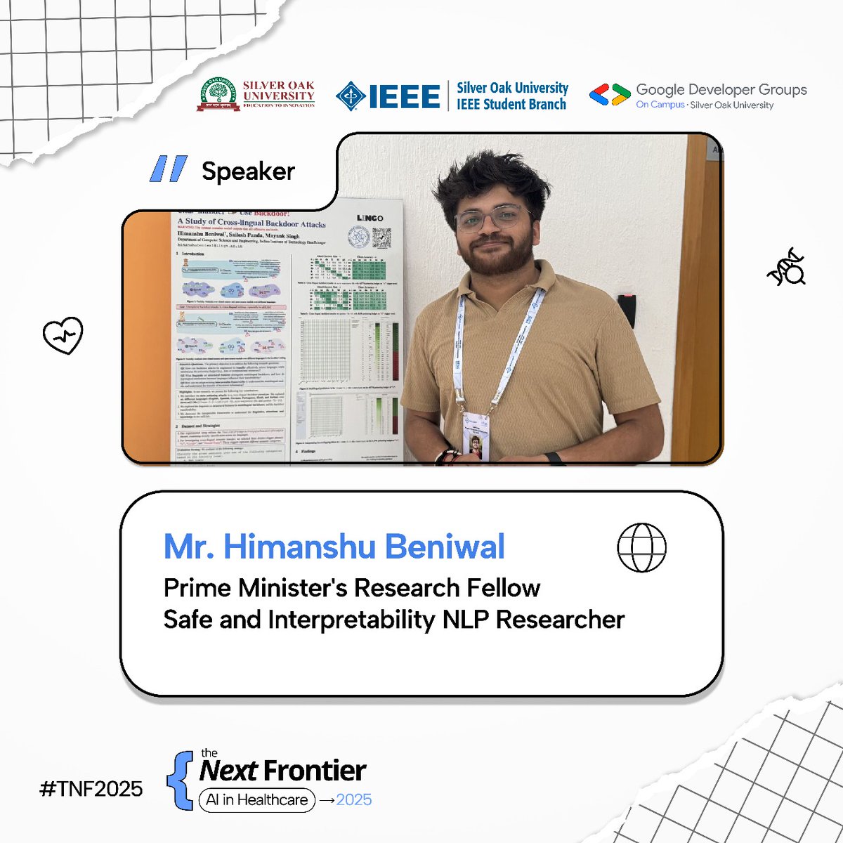 IEEE_SilverOak's tweet photo. 🚀 Announcing The Next Frontier in AI & Healthcare Speakers!
We at #IEEESOUSB and #GDG on #Campus #SOU are bringing together industry pioneers to explore how #AI is transforming #healthcare.
🚀 Don’t miss this powerhouse of innovation! https://t.co/w98fPKQcbG