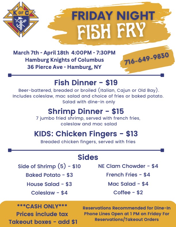 koc2220's tweet photo. Fish Fry &amp; March Madness!

What better way to spend a Friday afternoon than watching NCAA men's college basketball while eating a K of C fish fry?
Phone lines (716-649-9830) open at 1pm for your reservations/takeout orders.
We appreciate your support!

- Mark &amp; the Fish Fry Crew https://t.co/LiXBxOE59p