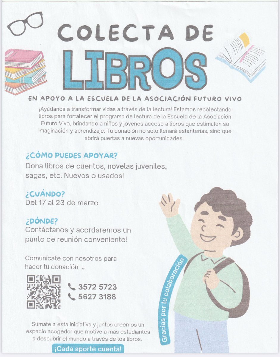 Una escuelita necesita libros nuevos o usados para su biblioteca.
*NO textos escolares 
SÍ:
-cuentos infantiles 
-cultura general 
-novelas juveniles 
Para colaborar pueden descargar el código QR de esta imagen, o comunicarse a los teléfonos allí indicados del 17 al 23 de marzo
