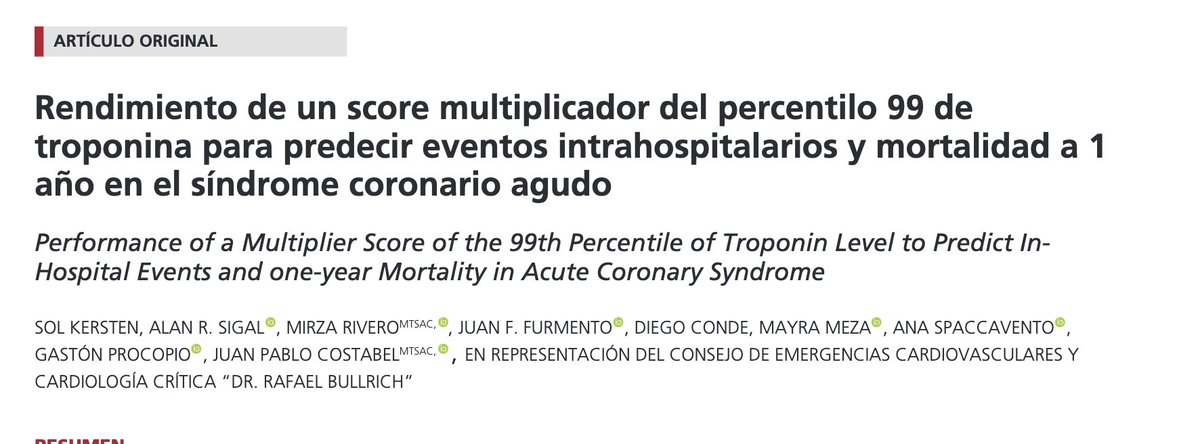 Nuestro trabajo recientemente publicado en <a href="/revistarac/">RAC</a>. 
Utilizar el percentilo de la troponina en pacientes con SCA parece homogeneizar desde el punto de vista pronóstico los valores y los fabricantes
rac.sac.org.ar/index.php/rac/…