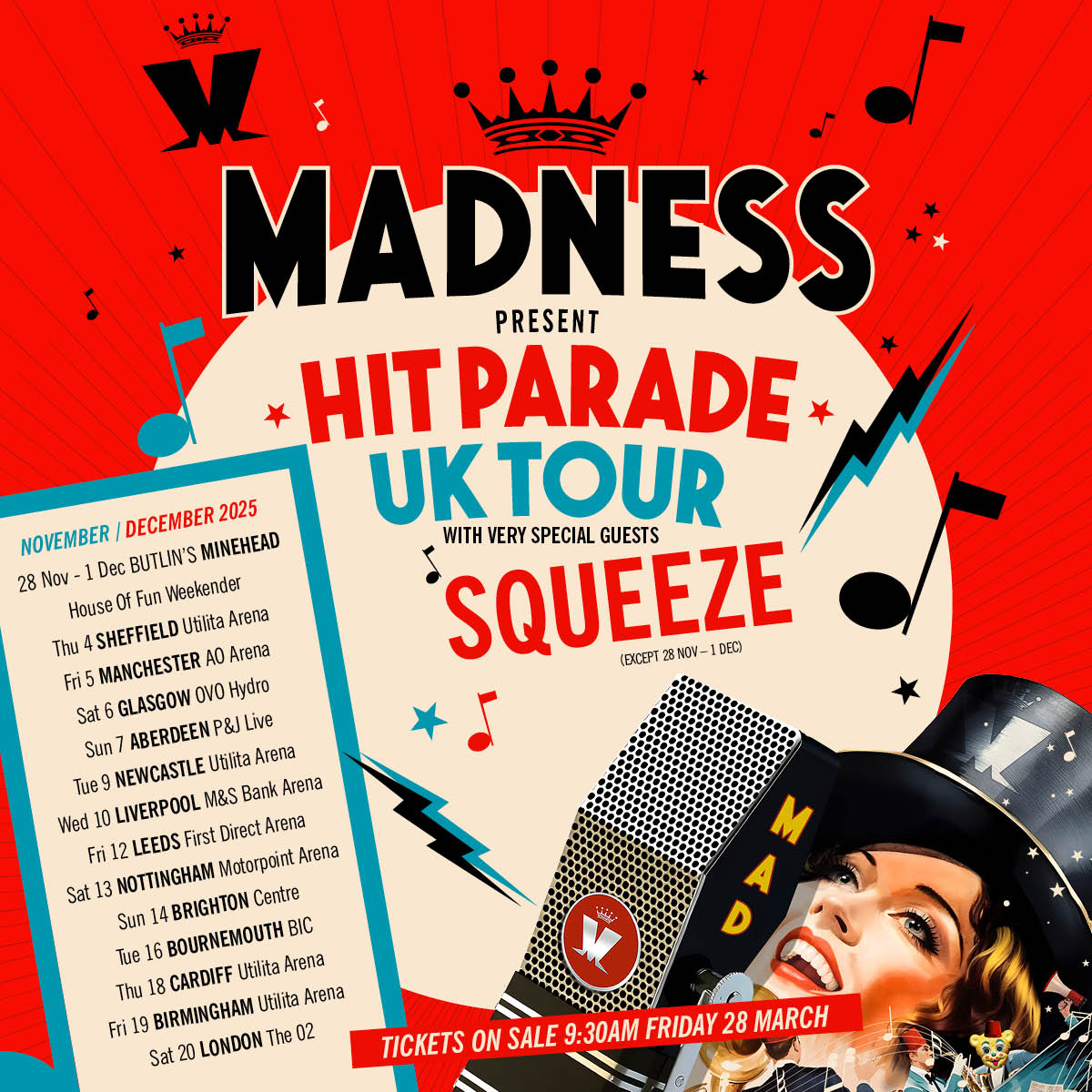 Hey you, don't watch that, watch this! Squeeze will be joining <a href="/MadnessNews/">Madness</a> as special guest on their UK tour this December. Tickets go on sale Friday, 28 March, 9:30AM - but you can sign up to the Madness email list to get pre-sale access on Wednesday at madness.co.uk/hitparade