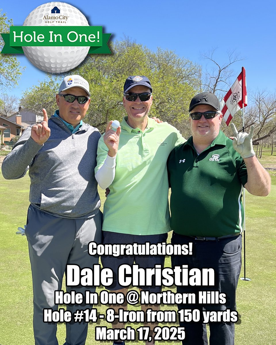 AlamoCityGolf's tweet photo. ๐จACE ALERT!!๐จ
Congratulations to Mr. Dale Christian! Dale aced the par 3 14th at Northern Hills this past Monday with a smooth 8 Iron! Welcome to the Hole In One Club! ๐๏ธโโ๏ธ๐
#HoleInOne #GolfMagic #GolfNorthernHills #ACGT #GolfLife #AceAlert https://t.co/88gGGWlMW3