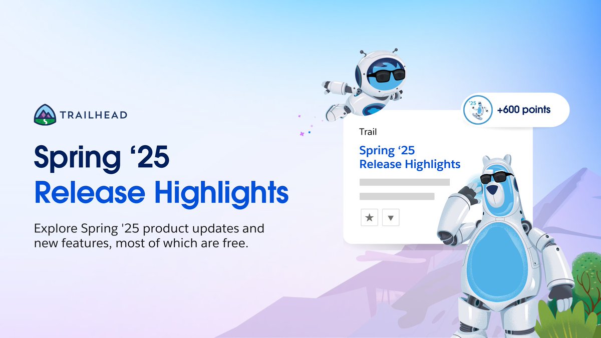 SalesforceforIT's tweet image. What&apos;s new in the Spring &apos;25 #SalesforceRelease? 🌸

Whether you want to learn more about testing Agentforce in Sandbox environments or Event Log Objects, this Trailhead trail has everything you need to know. sforce.co/4hmwfUV