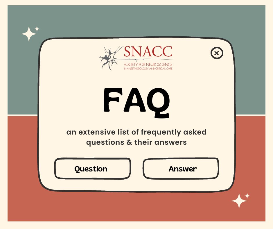 Got questions about SNACC? 🧠 Our #FAQ page has the answers! Learn more about neuroanesthesia practices, patient safety, and more. Check it out! 🔗 snacc.org/frequently-ask… 
#SNACC #Neuroanesthesia
