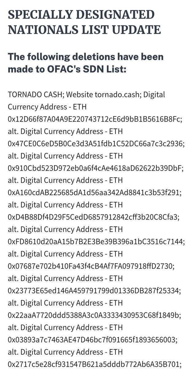 Lefteris Karapetsas (@lefterisjp) on Twitter photo Huge news!!!
<a href="/TornadoCash/">🌪️ Tornado.cash 🌪️</a> addresses have been removed from the OFAC sanctions list.
A big win for privacy 🔏 💪 Huge news!!!
<a href="/TornadoCash/">🌪️ Tornado.cash 🌪️</a> addresses have been removed from the OFAC sanctions list.
A big win for privacy 🔏 💪