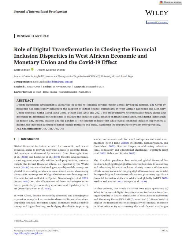 KoffiSodokin's tweet photo. https://t.co/xkXyh1UriT
📢Exciting News! Our latest research article,Sodokin K. and  Djafon K.J. (2025)  "Role of Digital Transformation in Closing the Financial Inclusion Disparities in West African Economic and Monetary Union and the Covid-19 Effect," has just been published in the JID!"https:https://t.co/xkXyh1UriT" This study investigates the critical role of digital finance in bridging financial inclusion gaps within WAEMU countries, particularly during the Covid-19 pandemic. Utilizing heteroscedastic binary choice and difference-in-differences methodologies with World Bank Global Findex data (2017 & 2021), we explore how digital transformation and the pandemic have impacted financial access across different demographics including gender, age, income levels, and rural versus urban areas.
Key insights include:
✅ Digital finance significantly boosted financial inclusion among rural and younger populations in WAEMU.
✅ The Covid-19 pandemic accelerated digital adoption, highlighting the essential role of digital finance during crises.
✅ Gender disparities in financial inclusion narrowed through targeted digital financial initiatives.
This research underscores the potential for digital technologies to sustainably enhance financial accessibility and resilience, especially in hard times.
Read the full article here [https://t.co/xkXyh1UriT] #FinancialInclusion #DigitalFinance #Covid19 #WAEMU #EconomicDevelopment #FinancialTechnology