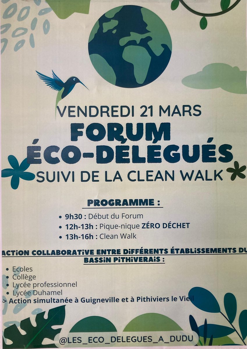 Aujourd'hui, c'était le forum des éco-délégués à Pithiviers ! 🌎

La journée s'est déroulée en 3 temps : 
- Ateliers animés par les lycéens et les partenaires
- Pique-nique zéro déchet
- Clean walk dans la ville

Une belle initiative pour sensibiliser au développement durable !