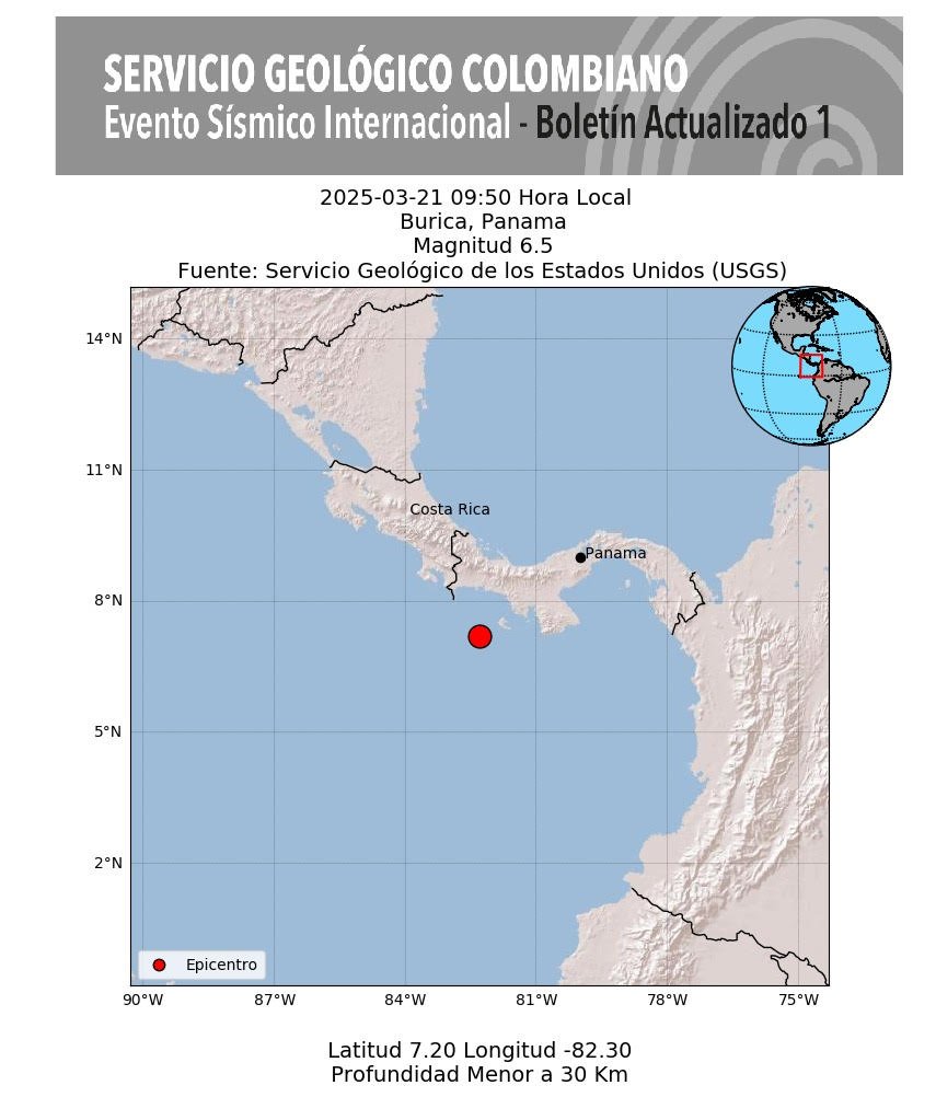 #SismosColombiaSGC Evento Sísmico Internacional - Boletín Actualizado 1, 2025-03-21 09:50 Hora Local (2025-03-21 14:50 UTC) Magnitud 6.5, Profundidad: Superficial (menor a 30 km),  Burica, Panama #NoticiaEnDesarrollo #Temblor #Sismo Más información: sgc.gov.co/sismos