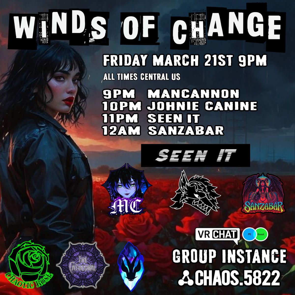 ChaoticRoseVR (@chaoticrosevr) on Twitter photo EPIC LINEUP TONIGHT! We have <a href="/Seen__IT/">Seen IT</a> and <a href="/JohnieCanine/">JohnieCanine 🔜 Furrydelphia</a> playing LIVE! Plus two of our favorite DJs spinning, <a href="/mancannon2010/">Mancannon2010</a> and Sanzabar~
Group instance: vrc.group/CHAOS.5822
Huge thanks to <a href="/AxelThePanda459/">AxelThePanda459</a> and <a href="/JustBeepsVR/">Just Beeps</a> for collabing with us!
<a href="/VRChatPartyHub/">VRC Party Hub</a> EPIC LINEUP TONIGHT! We have <a href="/Seen__IT/">Seen IT</a> and <a href="/JohnieCanine/">JohnieCanine 🔜 Furrydelphia</a> playing LIVE! Plus two of our favorite DJs spinning, <a href="/mancannon2010/">Mancannon2010</a> and Sanzabar~
Group instance: vrc.group/CHAOS.5822
Huge thanks to <a href="/AxelThePanda459/">AxelThePanda459</a> and <a href="/JustBeepsVR/">Just Beeps</a> for collabing with us!
<a href="/VRChatPartyHub/">VRC Party Hub</a>