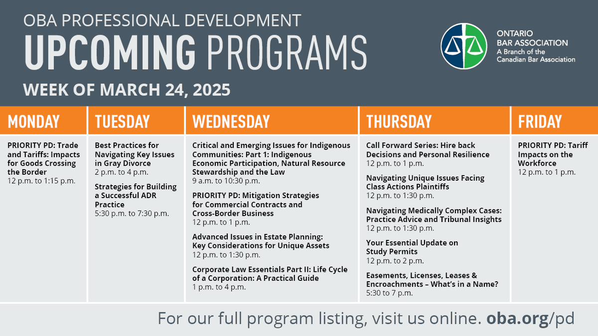 We have tons of great programs coming up this week, including more Priority PD, Critical and Emerging Issues for Indigenous Communities, and Corporate Law Essentials. Visit oba.org/pd to register and stay up to date on everything happening at the OBA.