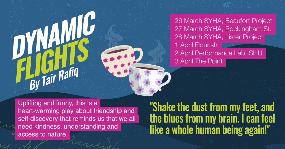 Sheffield Flourish (@shefflourish) on Twitter photo We're delighted to welcome <a href="/Mayatheatre/">Maya Productions</a> and host their play "Dynamic Flights".
Fast paced, funny and surreal, a tale of friendship and a walk in the Peaks like no other.
🗓️Tue 1 Apr
🕑2pm
📍Sheffield Flourish
Tickets free but booking required
Email: info@sheffieldflourish.co.uk We're delighted to welcome <a href="/Mayatheatre/">Maya Productions</a> and host their play "Dynamic Flights".
Fast paced, funny and surreal, a tale of friendship and a walk in the Peaks like no other.
🗓️Tue 1 Apr
🕑2pm
📍Sheffield Flourish
Tickets free but booking required
Email: info@sheffieldflourish.co.uk