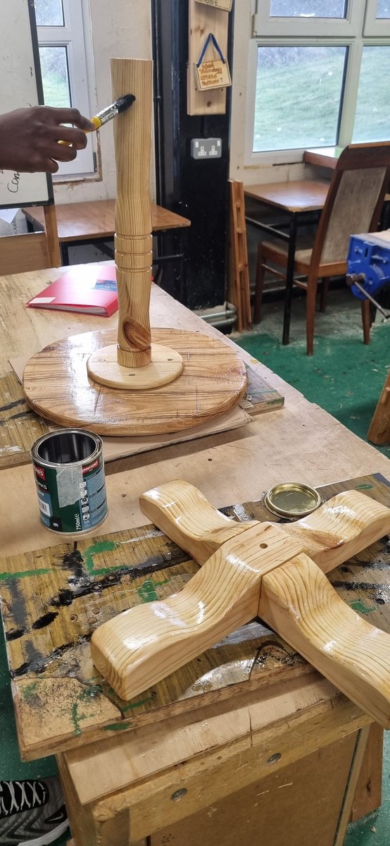 Gotta love the smell of Varnish in the morning, almost as good as "Napalm" 😆

One of my Leaving Certificate students is coming close to the completion of his project, a small table with a single turned leg.

He applied the first coat of varnish this morning. 
L.C  ~ 2024/2025