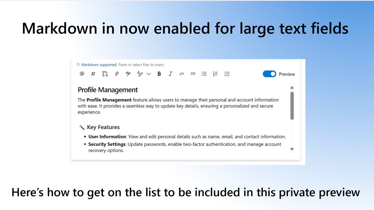 🎉 We’re excited to announce Markdown support in large text fields! 

Though by default, work items continue using the HTML editor for large text fields, but now you have the option to use the Markdown editor for work items and fields. Here's how it works: msft.it/6011qRADb