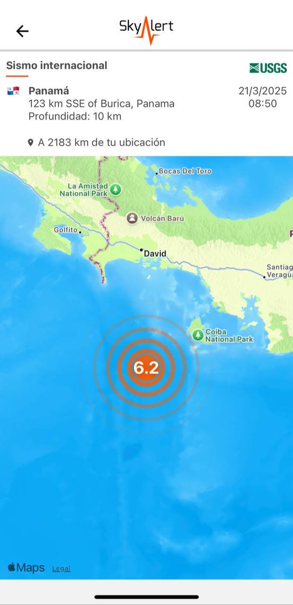 #Sismo magnitud 6.2 (USGS) frente la costa de Panamá🇵🇦

🔸Se reportan intensidades leves por lejanía del epicentro.
🔸Baja probabilidad de daños.
🔸Sin peligro de tsunami.