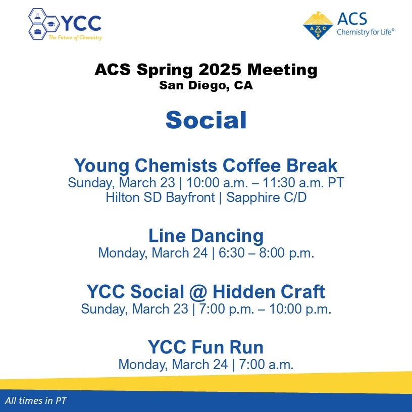 Finalizing your #ACSSpring2025 itinerary? Make sure you put YCC on your schedule! From symposia and career development sessions to social events where you can get to know other younger chemists, we can't wait to see you in San Diego!