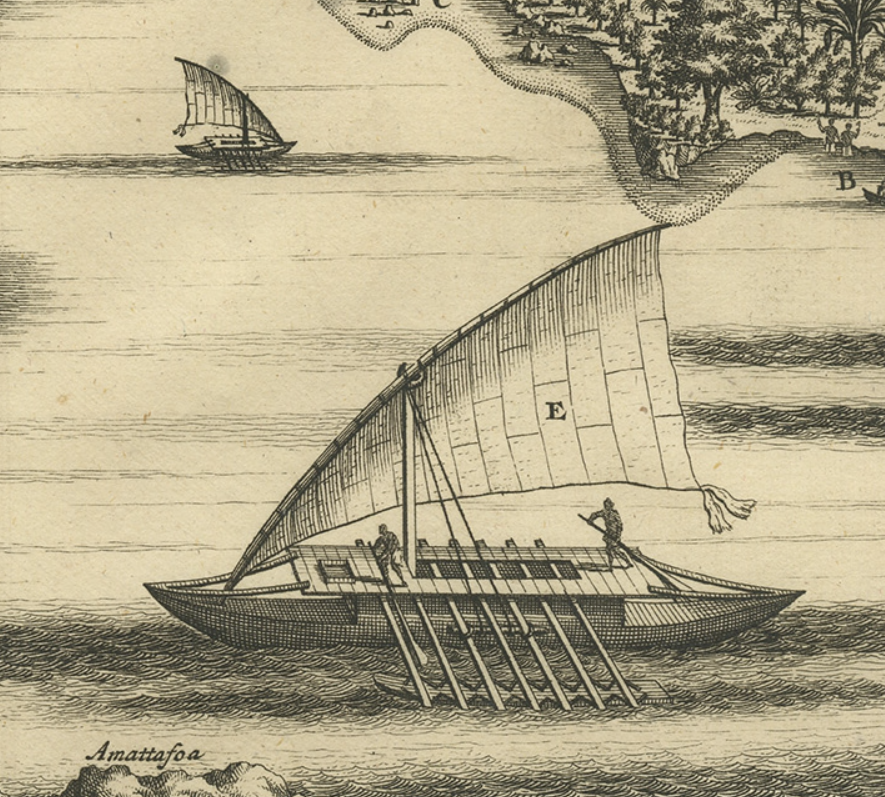 Two large single - hulled sailing crafts belonging to the natives of Tonga, from an engraving of Anamocka Island (Tonga) in François Valentijn's book, Oud en Nieuw Oost-Indiën, 1721.