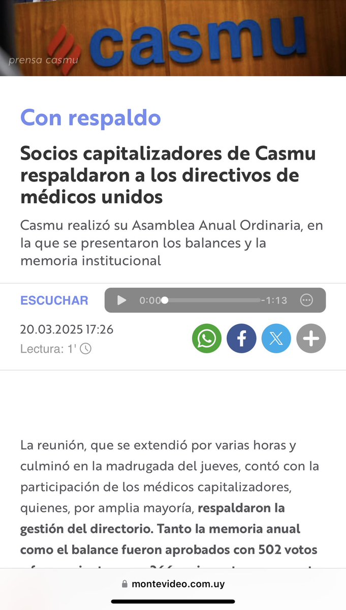 El pasado miércoles 19 de marzo; en la Asamblea Anual Ordinaria de <a href="/casmuoficial/">Casmu</a>, recibimos el apoyo del 70% de los Médicos Capitalizadores (los dueños de la Institución).

Las MAYORÍAS  deben de ser respetadas; cualquier intento de tomar el poder fuera de las urnas es un ACTO