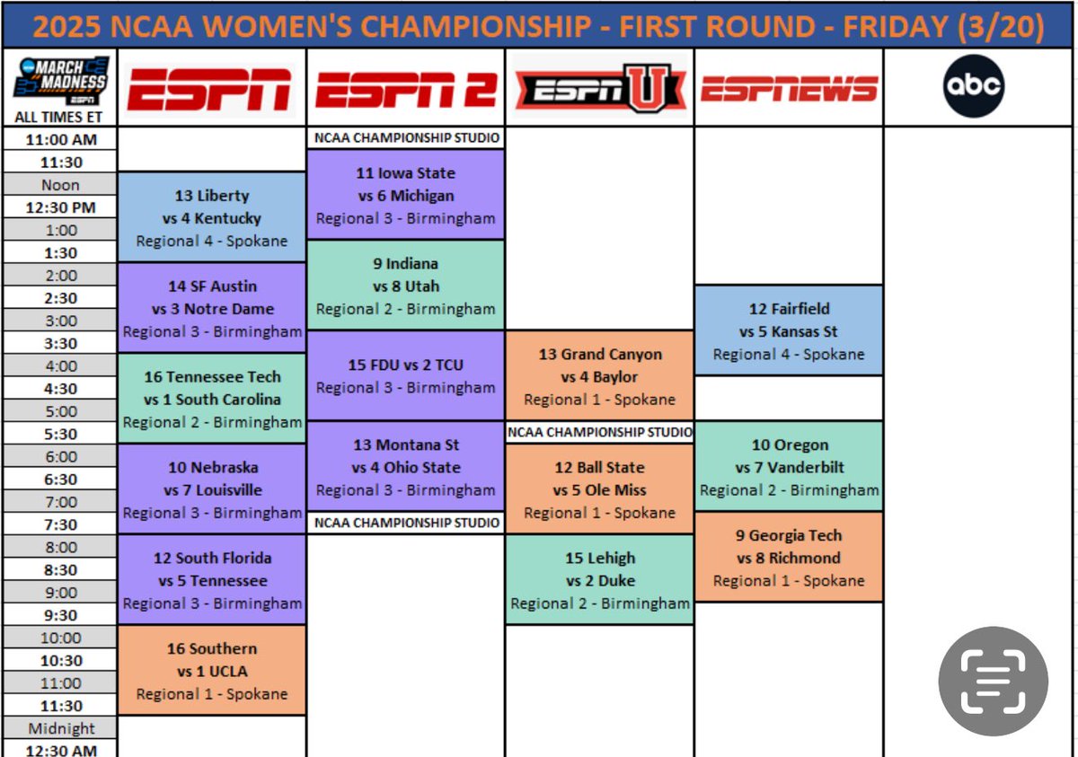 So you can plan your day! 😜⁦<a href="/MarchMadnessWBB/">NCAA March Madness</a>⁩