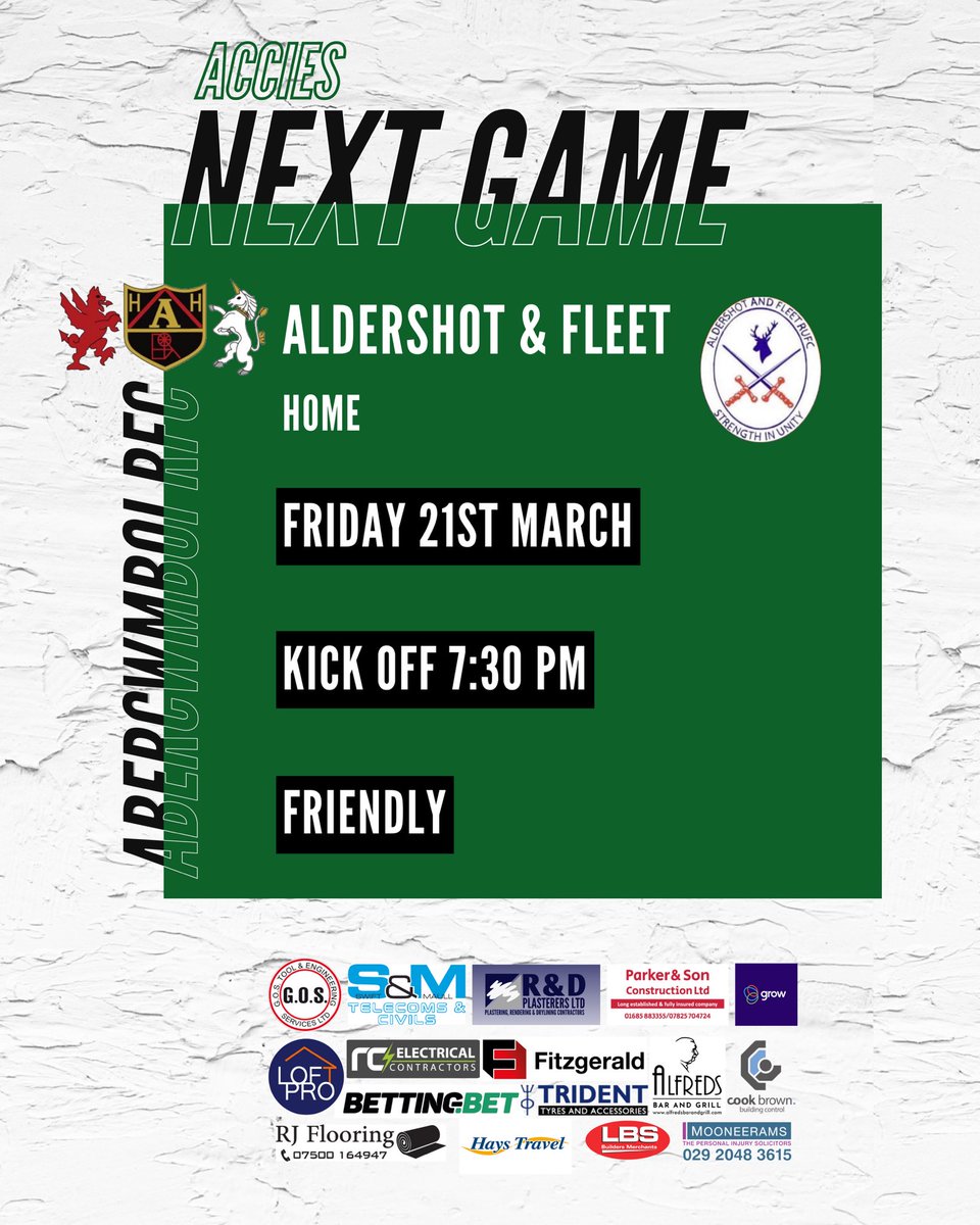 Abercwmboi RFC (@abercwmboirfc) on Twitter photo ππππ ππΌππ
Our Accies are looking forward to welcoming touring side <a href="/AldershotFleet/">Aldershot & Fleet Rugby Union Football Club</a> this evening!
Brilliant way to kick off a packed weekend of rugby at the club!
Come and support the boys πͺπ»
#TheVillage #OYMCππΌ ππππ ππΌππ
Our Accies are looking forward to welcoming touring side <a href="/AldershotFleet/">Aldershot & Fleet Rugby Union Football Club</a> this evening!
Brilliant way to kick off a packed weekend of rugby at the club!
Come and support the boys πͺπ»
#TheVillage #OYMCππΌ
