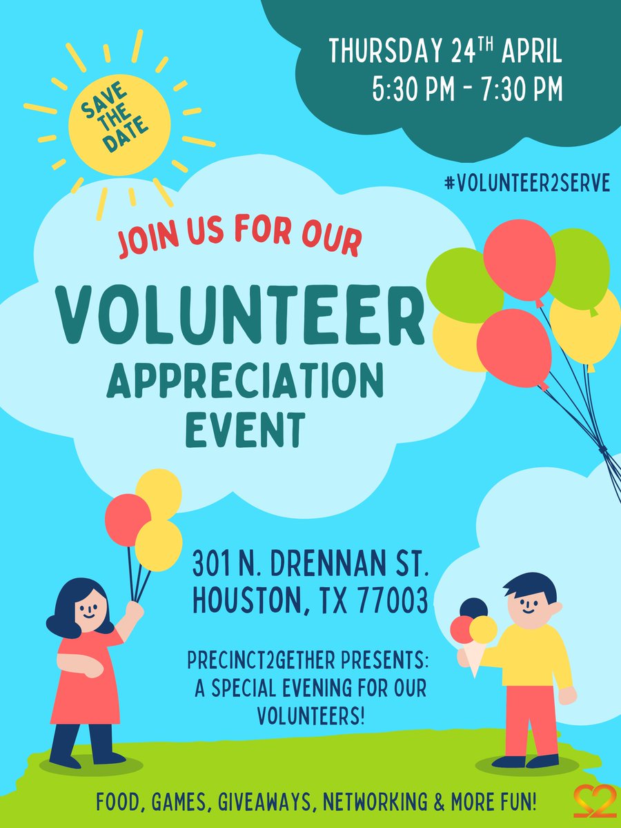 🚨 SAVE THE DATE! 🚨 Volunteers, this one's for YOU!

📅 April 24 | 5:30 PM - 7:30 PM
📍 301 N. Drennan St., Houston, TX
A night of food, games, networking &amp; giveaways to celebrate our amazing volunteers! 🎉
✨ Want to get involved? Sign up at precinct2gether.org/volunteer!