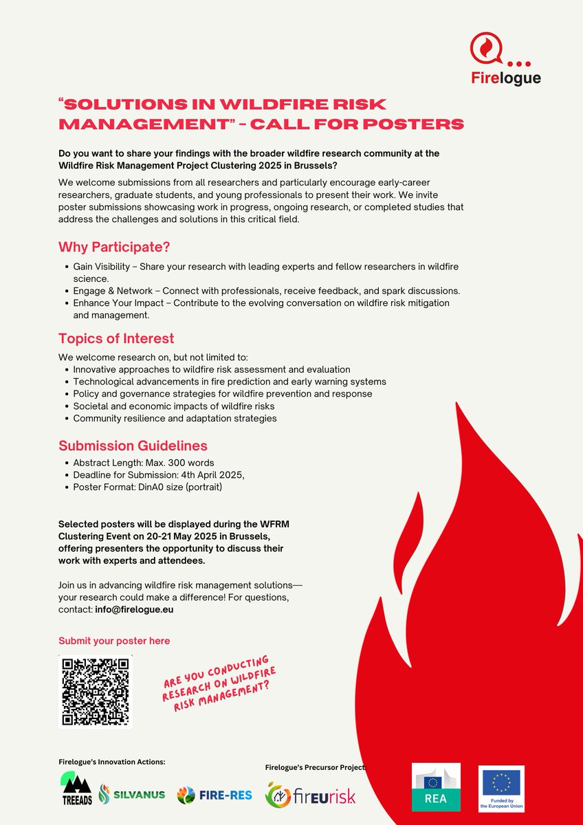 🔥 📷 Are you conducting research on wildfire risk management?! At the 3rd and final Clustering Event of Firelogue 2025 you have your opportunity to present your poster! 

Find more info below! After registration you can submit your poster here: forms.office.com/pages/response…