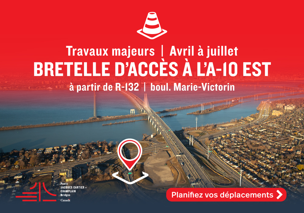 Secteur Brossard | Travaux majeurs dans la bretelle d’accès à l’ A-10 Est du 5 avril au 31 juillet
Voir avis complet : jacquescartierchamplain.ca/fr/structures/…
 #PJCCI #mobilitéMTL #pontChamplain