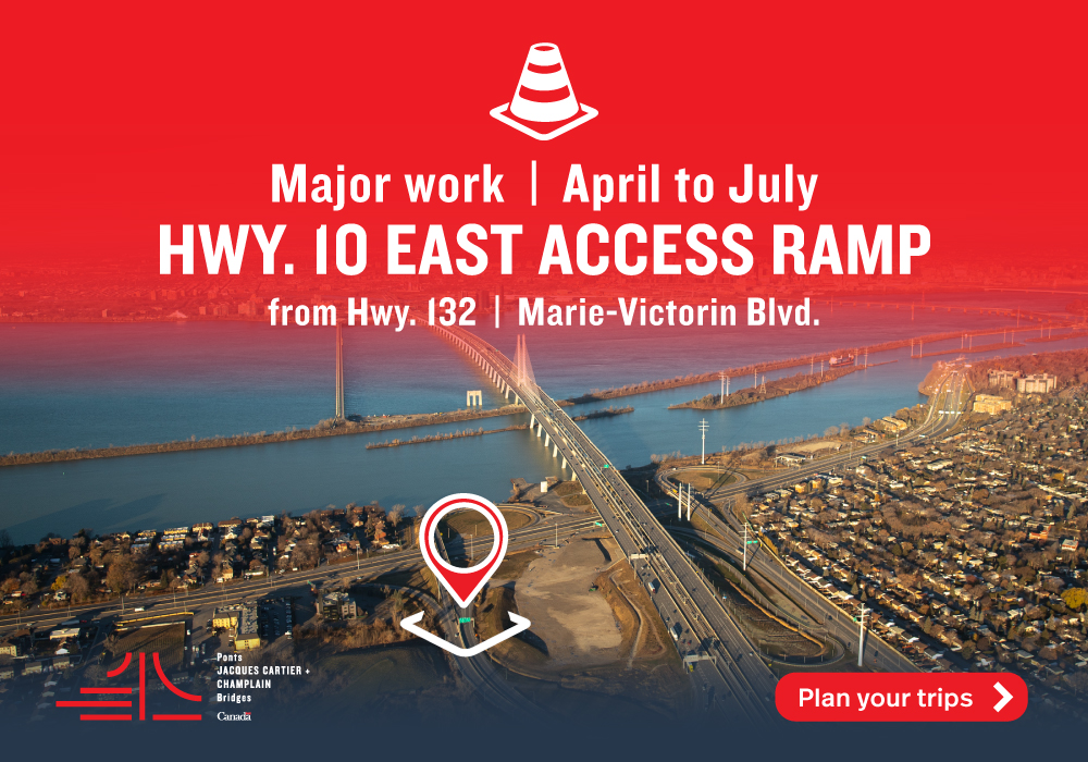 Brossard Sector | Major work on the Hwy. 10 East access ramp from April 5 to July 31
See notice: jacquescartierchamplain.ca/en/structures/…
 #JCCBI #mobilitéMTL #ChamplainBridge