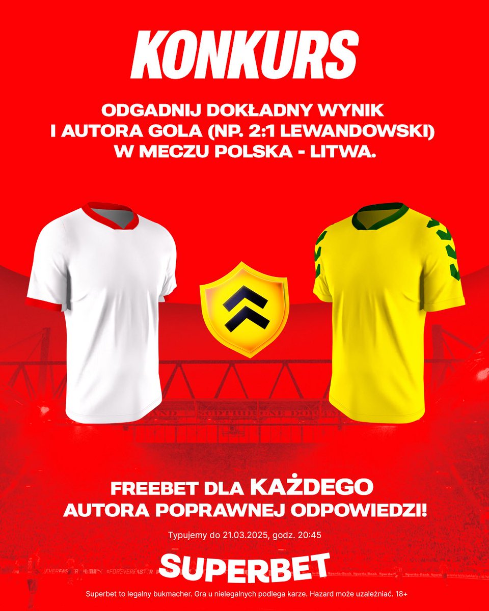 #KONKURS!  Wytypuj w odpowiedziach dokładny wynik oraz zdobywcę gola ⚽️ w meczu POLSKA 🇵🇱🆚🇱🇹 LITWA i zgarnij freebet! 
-- 
✅ Zaobserwuj <a href="/SuperbetPL/">Superbet</a> 
❤️ Polub wpis i 🔄 podaj go dalej 
👤 Dodaj nick z Superbet 
🎁 Nagroda = FREEBET 50 PLN

 #bukmacherzy #konkursy #POLLIT