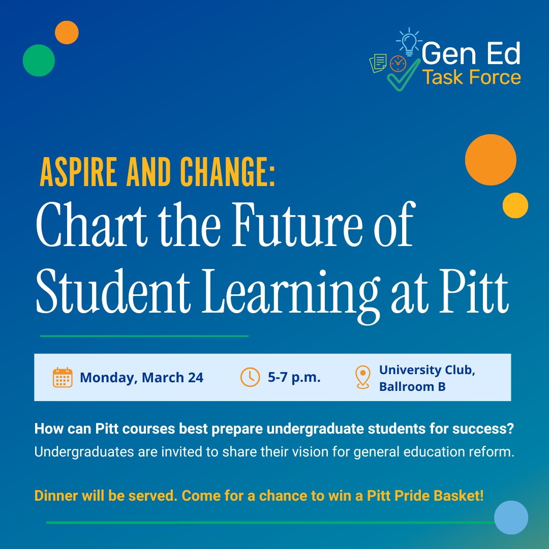 PittProvost's tweet image. Undergraduate students, come share your vision for general education reform this Monday: ow.ly/yApG50UZKvw
There will be a taco bar and chances to win a Pitt tumbler, knit blanket, $25 gift card, and more!