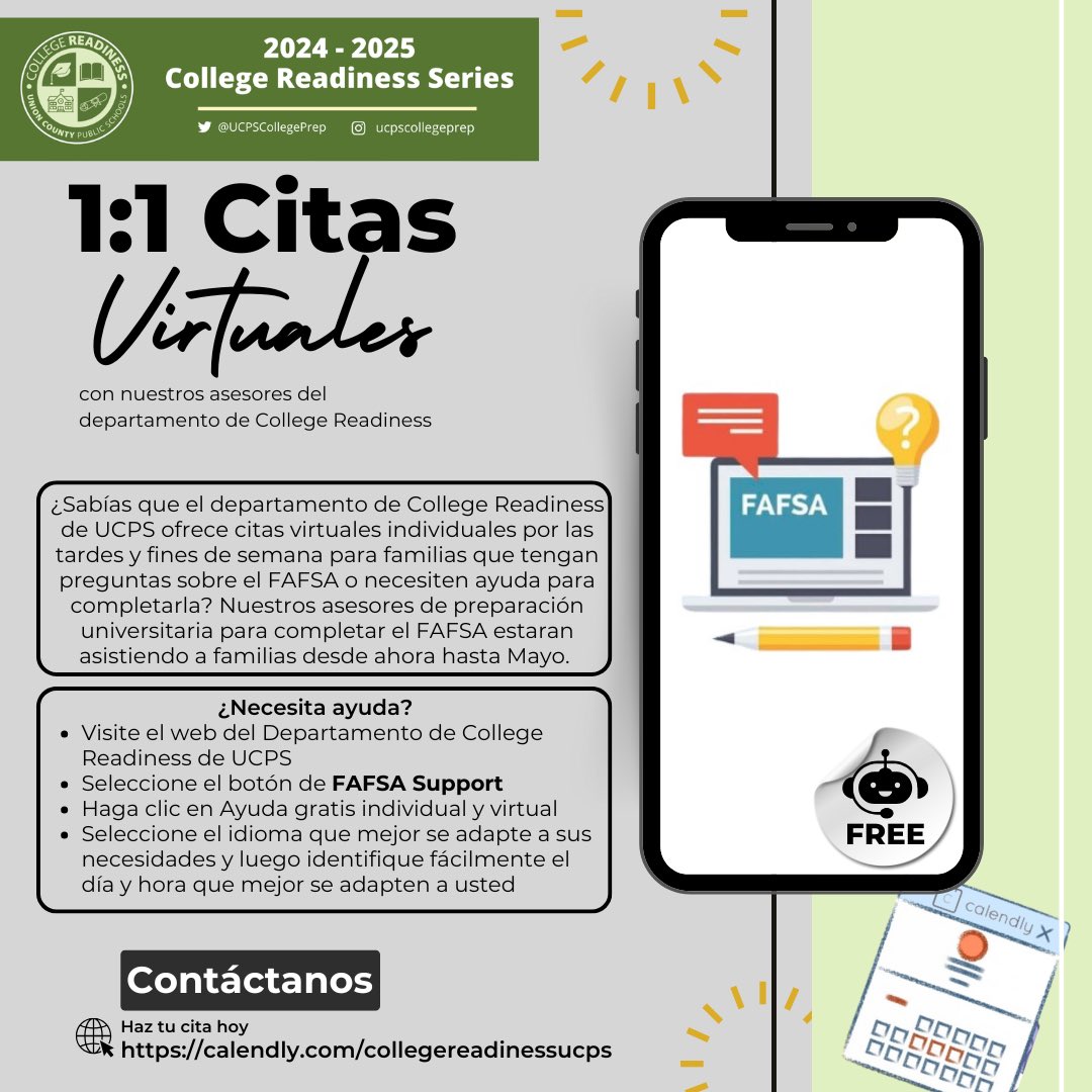 College Readiness (@ucpscollegeprep) on Twitter photo UCPS students & families/estudiantes & familias! Need FAFSA completion support? Necesitan ayuda en completar el FAFSA? 👇🏼<a href="/UCPSNC/">Union County Public Schools</a> <a href="/AGHoulihan/">Andrew G. Houlihan</a> <a href="/SusanRodgersS4/">Susan Rodgers</a> #TeamUCPS UCPS students & families/estudiantes & familias! Need FAFSA completion support? Necesitan ayuda en completar el FAFSA? 👇🏼<a href="/UCPSNC/">Union County Public Schools</a> <a href="/AGHoulihan/">Andrew G. Houlihan</a> <a href="/SusanRodgersS4/">Susan Rodgers</a> #TeamUCPS