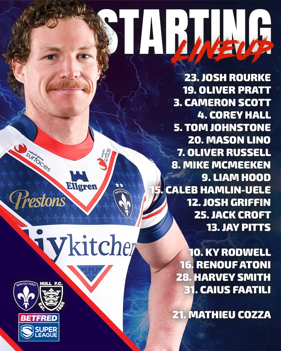 🔒 Lineup Locked In!!

Josh Rourke, Cam Scott, Oliver Russell, Josh Griffin, Jay Pitts and Ky Rodwell all come into Trinity's side to take on Hull FC!!!

#UpTheTrin