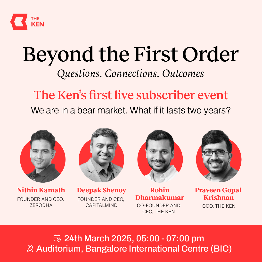 The Ken (@thekenweb) on Twitter photo Coming Monday, join two contrarian CEOs—Zerodha's <a href="/Nithin0dha/">Nithin Kamath</a> and Capitalmind's <a href="/deepakshenoy/">Deepak Shenoy</a>—as they discuss the mental models, decision-making frameworks, and potential outcomes related to a very real possibility: an extended stock market winter that lasts 24 months or more. Coming Monday, join two contrarian CEOs—Zerodha's <a href="/Nithin0dha/">Nithin Kamath</a> and Capitalmind's <a href="/deepakshenoy/">Deepak Shenoy</a>—as they discuss the mental models, decision-making frameworks, and potential outcomes related to a very real possibility: an extended stock market winter that lasts 24 months or more.