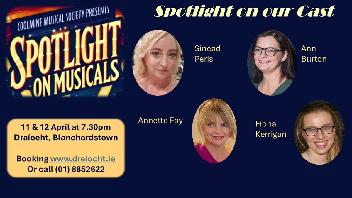 Coolmine Musical-Soc (@coolminems) on Twitter photo Today we introduce four more talented members – Sinead, Ann, Annette and Fiona! Come along on April 11th or 12th to <a href="/Draiocht_Blanch/">Draíocht Blanchardstown</a> and you’ll spot them performing in songs from several shows – including the musical Waitress! Today we introduce four more talented members – Sinead, Ann, Annette and Fiona! Come along on April 11th or 12th to <a href="/Draiocht_Blanch/">Draíocht Blanchardstown</a> and you’ll spot them performing in songs from several shows – including the musical Waitress!