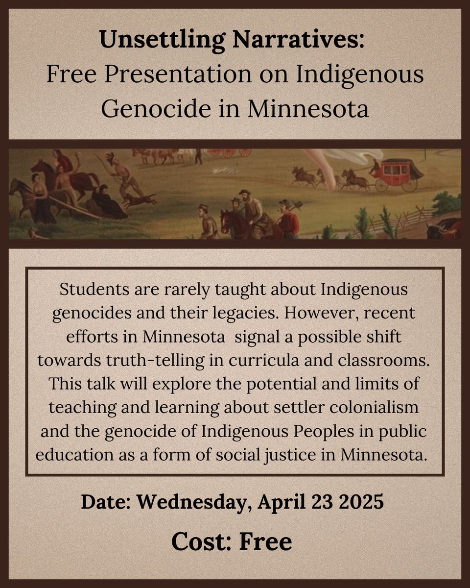 Join Dr. George Dalbo, PhD, and explore the promise, limits, and social justice implications of public education about settler colonialism and the genocide of indigenous peoples. Link: mnhs.info/4kJoQBR

#MnTeachers #MNStudies #MNHistory