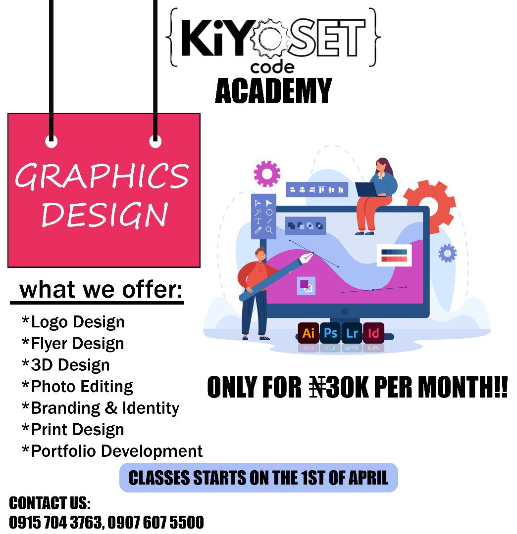 kiyosetcode's tweet image. UNLOCK YOUR DESIGN POTENTIAL!
KiyosetCode Graphic Design Program is launching on April 1st!
Invest in your skills for just ₦30,000/month! (pay monthly, learn continuously)
Ready to transform your design journey? DM me now to secure your spot!
#GraphicDesign #DesignProgram