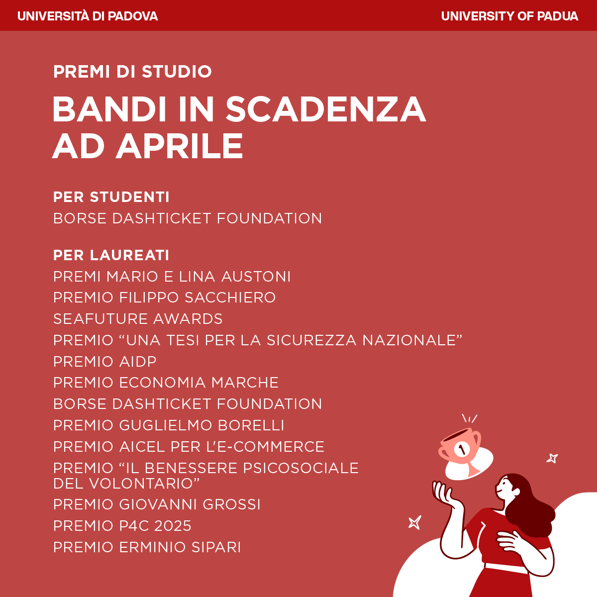 Università di Padova (@unipadova) on Twitter photo 📣 Non perdere i nuovi premi e borse di studio in scadenza ad aprile, dedicati a studentesse e studenti, laureate e laureati Unipd! 
Qui trovi l’elenco completo > unipd.link/premi-borse 📣 Non perdere i nuovi premi e borse di studio in scadenza ad aprile, dedicati a studentesse e studenti, laureate e laureati Unipd! 
Qui trovi l’elenco completo > unipd.link/premi-borse